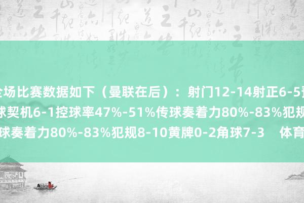 全场比赛数据如下（曼联在后）：射门12-14射正6-5预期进球2.57-1.50进球契机6-1控球率47%-51%传球奏着力80%-83%犯规8-10黄牌0-2角球7-3    体育集锦