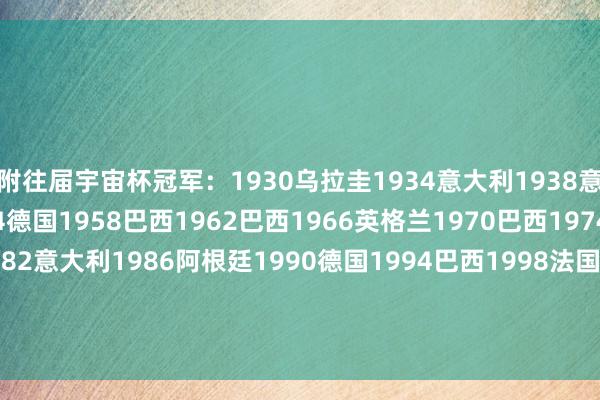 附往届宇宙杯冠军：1930乌拉圭1934意大利1938意大利1950乌拉圭1954德国1958巴西1962巴西1966英格兰1970巴西1974德国1978阿根廷1982意大利1986阿根廷1990德国1994巴西1998法国2002巴西2006意大利2010西班牙2014德国2018法国2022阿根廷    体育最新信息